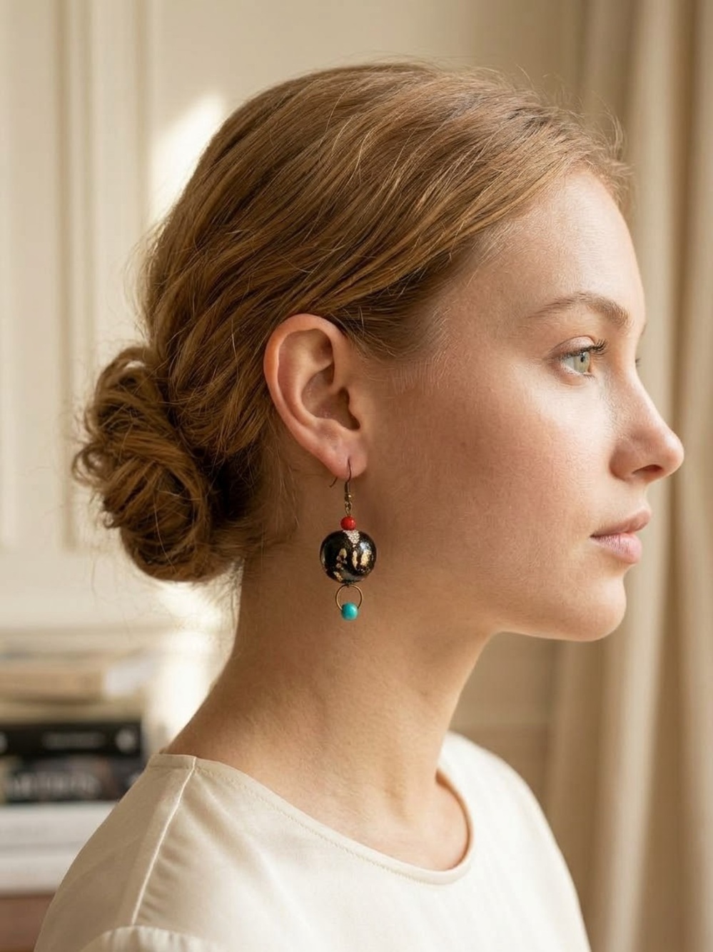 Bohemian Speckled Black Bead & Turquoise Dangle Earrings For Women E057